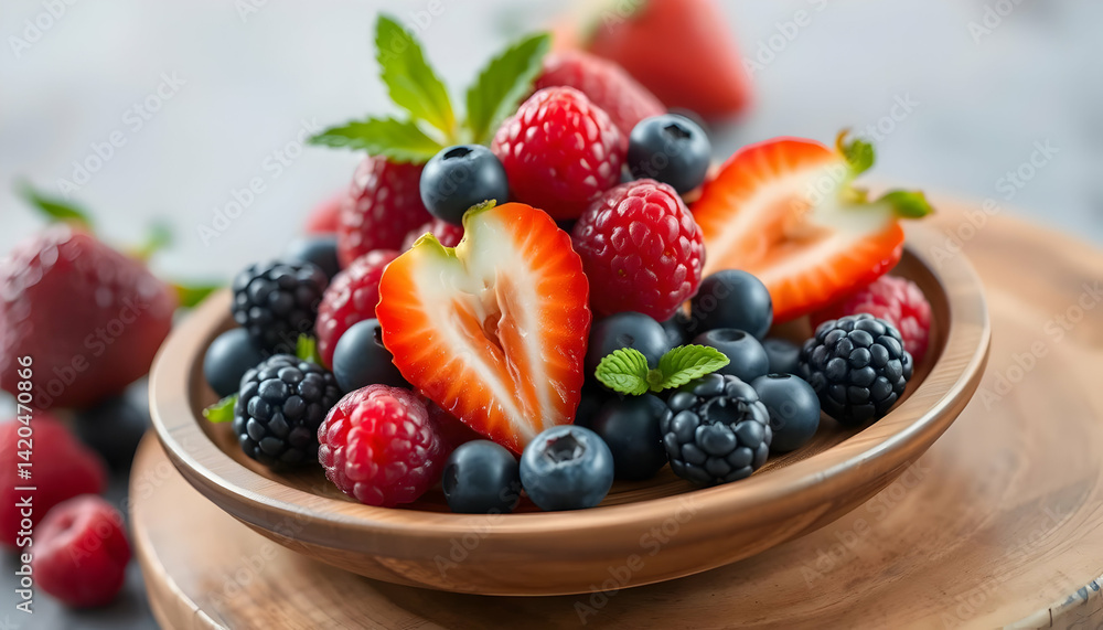 Fresh Berries in a Wooden Bowl with Green Mint Leaves and Strawberries Fresh Berries in a Wooden Bowl with Green Mint Leaves and Strawberries