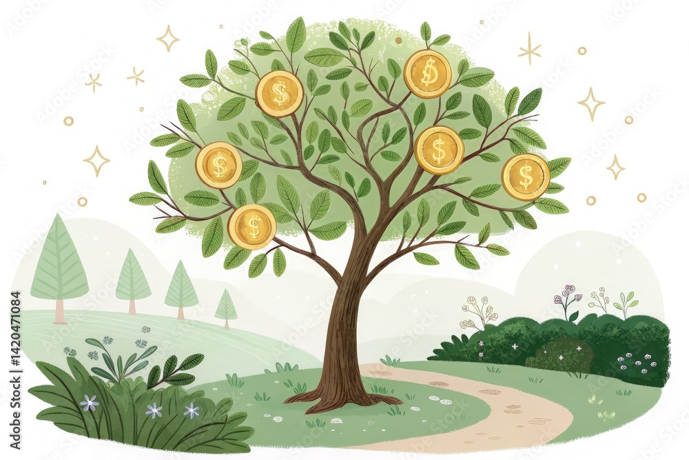 Obraz premium Gold Coin Tree Flourishing in a Serene Landscape Generative AI