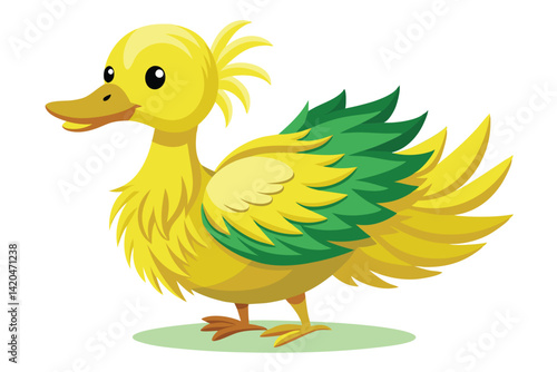 A vibrant, cartoon-style duck with bright yellow and green feathers stands on the grass, showcasing a playful demeanor, Yellow-feathered duck