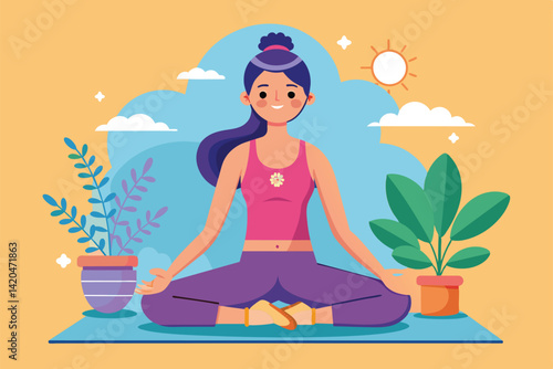 Wallpaper Mural A cartoon character practices yoga in a bright, sunny setting surrounded by potted plants, Yoga practice Customizable Cartoon Illustration Torontodigital.ca