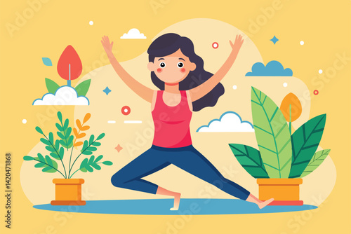 A woman performs a yoga pose surrounded by colorful plants and a bright, cheerful background, Yoga practice Customizable Cartoon Illustration