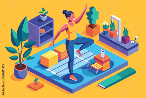 A person engages in a customizable yoga practice in a vibrant home environment filled with plants, Yoga practice Customizable Isometric Illustration