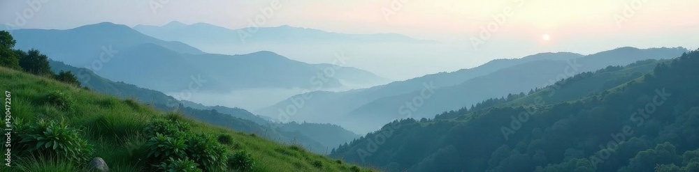 Obraz premium Rolling hills shrouded in fog, breathtaking vista, backdrop, picture