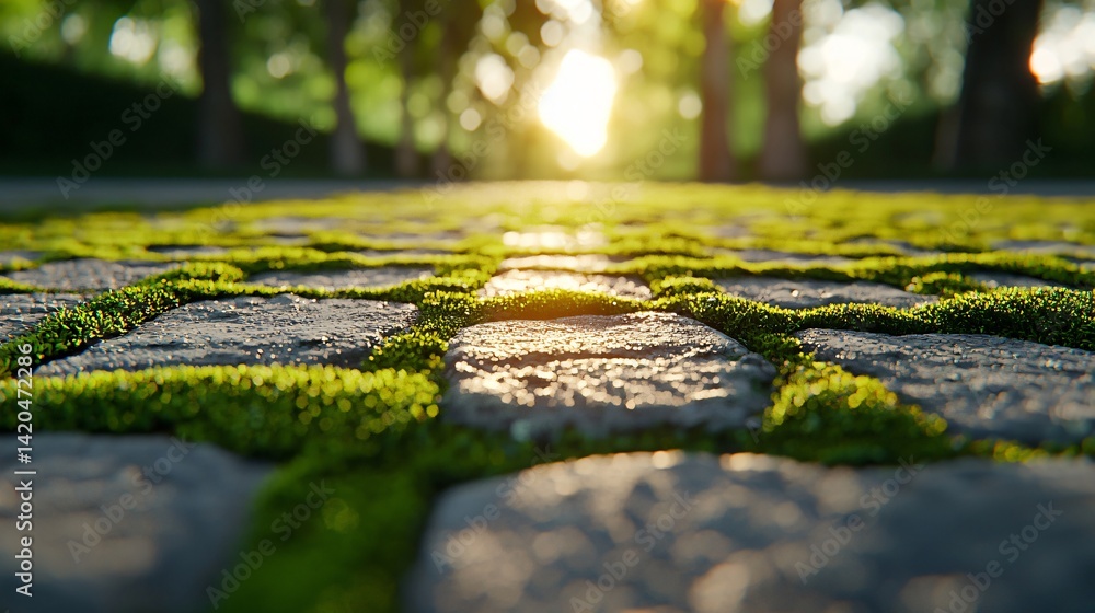 Fototapeta premium Close-up moss surface glowing with morning light inside a bright forest, highly realistic surface texture, rough bark in background, shadow contrast for dimension