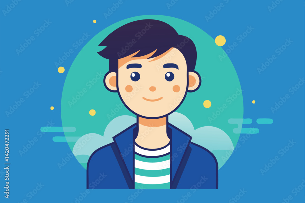 A joyful young individual with a friendly expression stands out in a vibrant, colorful backdrop, Young and happy Customizable Flat Illustration A joyful young individual with a friendly expression stands out in a vibrant, colorful backdrop, Young and happy Customizable Flat Illustration