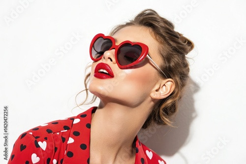 Wallpaper Mural Stylish Woman in Heart-Shaped Glasses With Trendy Red Attire Generative AI Torontodigital.ca