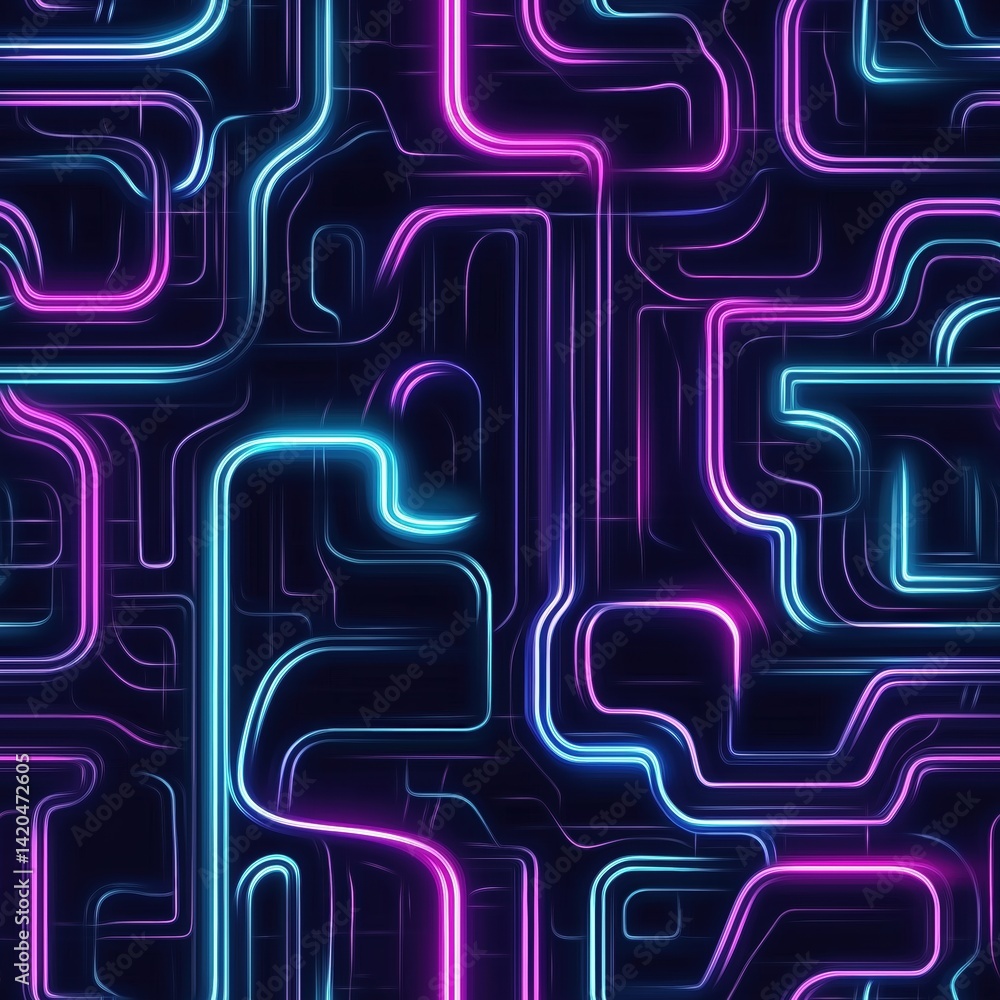 Seamless vibrant abstract background featuring glowing neon lines in pink and blue, creating a complex maze-like pattern against a dark backdrop. Seamless vibrant abstract background featuring glowing neon lines in pink and blue, creating a complex maze-like pattern against a dark backdrop.