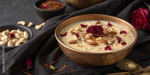 Shahi kheer topped with pistachios and dried rose petals – dessert photography