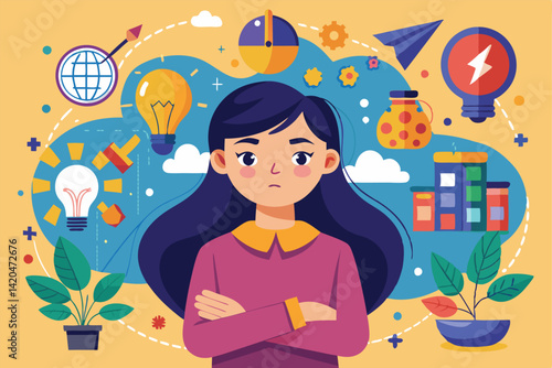 A girl reflects on different strategies and solutions surrounded by imaginative elements and symbols, Young girl evaluates ways and strategies of development,
