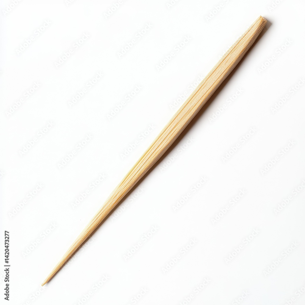 A close up shot of a single wooden toothpick against a plain white background in bright studio light A close up shot of a single wooden toothpick against a plain white background in bright studio light