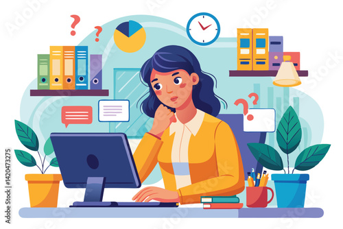 A young girl is deep in thought, working diligently to solve a problem at her office desk, Young girl trying to solve problem at work,