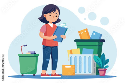 A young girl stands near a trashcan, holding a folder of documents, contemplating disposal options, Young girl with folder of documents near trashcan,