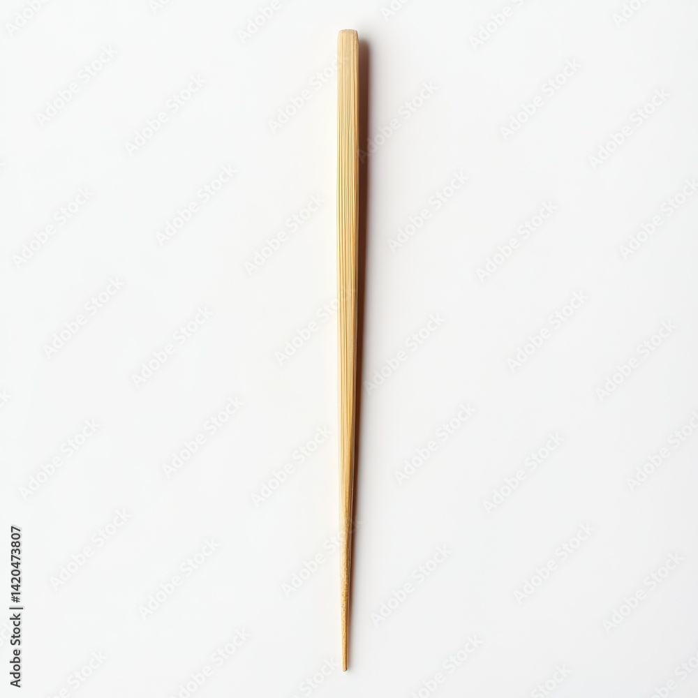 Single light brown wooden chopstick on a white surface in a vertical orientation with a clean background Single light brown wooden chopstick on a white surface in a vertical orientation with a clean background