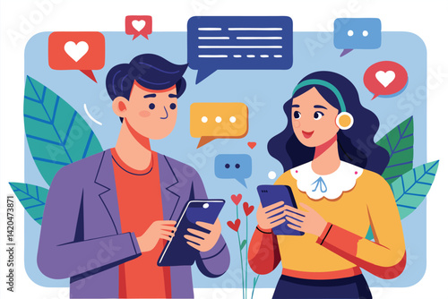 A young man and woman engage in conversation through their mobile phones, smiling and connecting, Young guy and girl with phone, Distance communication and interaction,