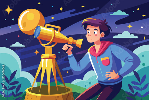 A young guy peers through a telescope, focused on a golden trophy in a starlit outdoor setting, Young guy look at telescope to golden trophy,