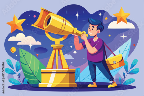 A young man peers through a telescope at a glittering golden trophy set against a vibrant night sky, Young guy look at telescope to golden trophy,