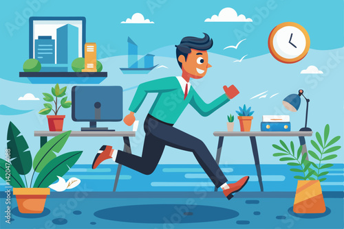 A young guy excitedly runs from his office desk toward the serene sea with a clear blue sky, Young guy runs from office to sea,