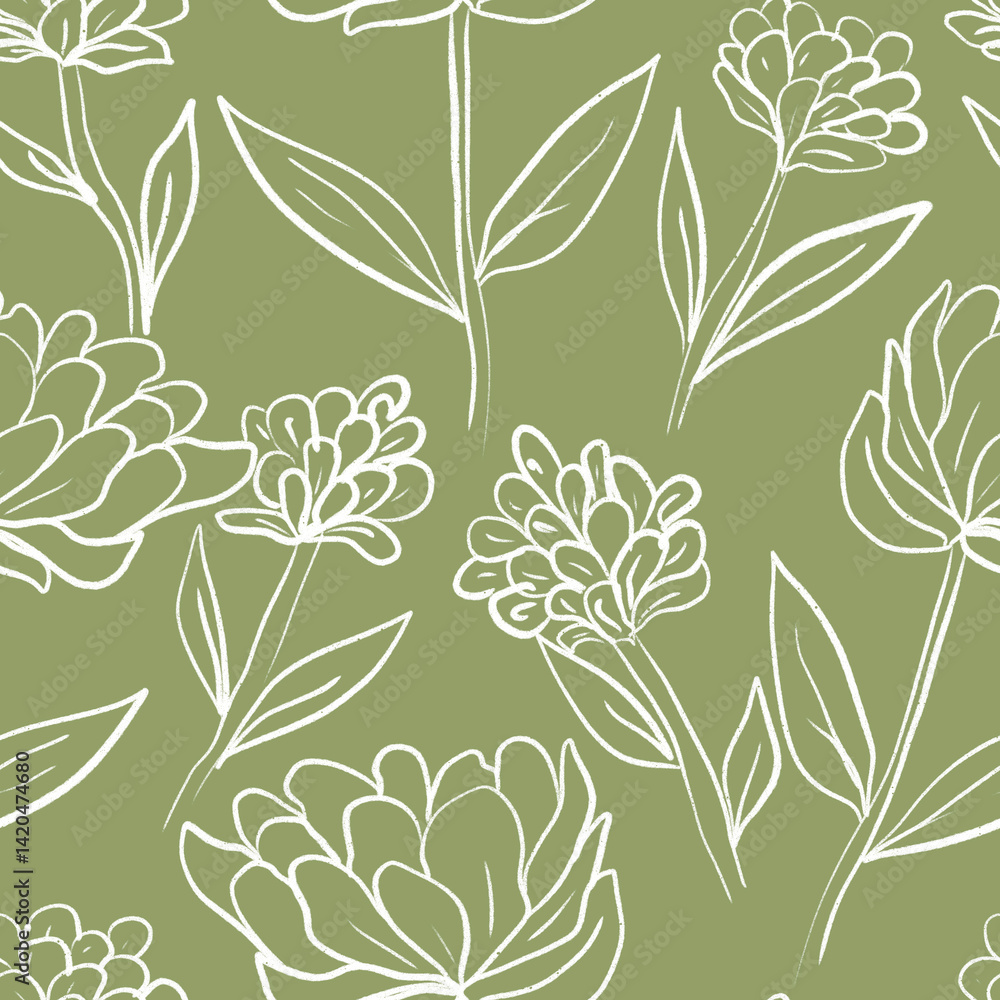 Seamless floral pattern featuring hand-drawn line art flowers and leaves on a bold background. This elegant botanical design combines sketchy outlines and minimalist shapes, perfect for textile Seamless floral pattern featuring hand-drawn line art flowers and leaves on a bold background. This elegant botanical design combines sketchy outlines and minimalist shapes, perfect for textile