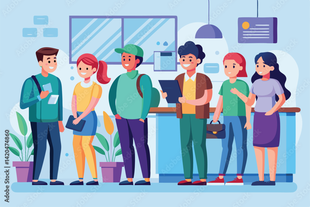 Obraz premium A group of young individuals stands in line at a bank cashier, discussing and checking their phones, Young people waiting in line at the bank cashier illustration