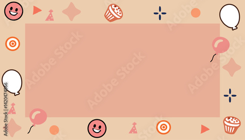 Cute Party Frame with Balloons and Icons on Peach Background