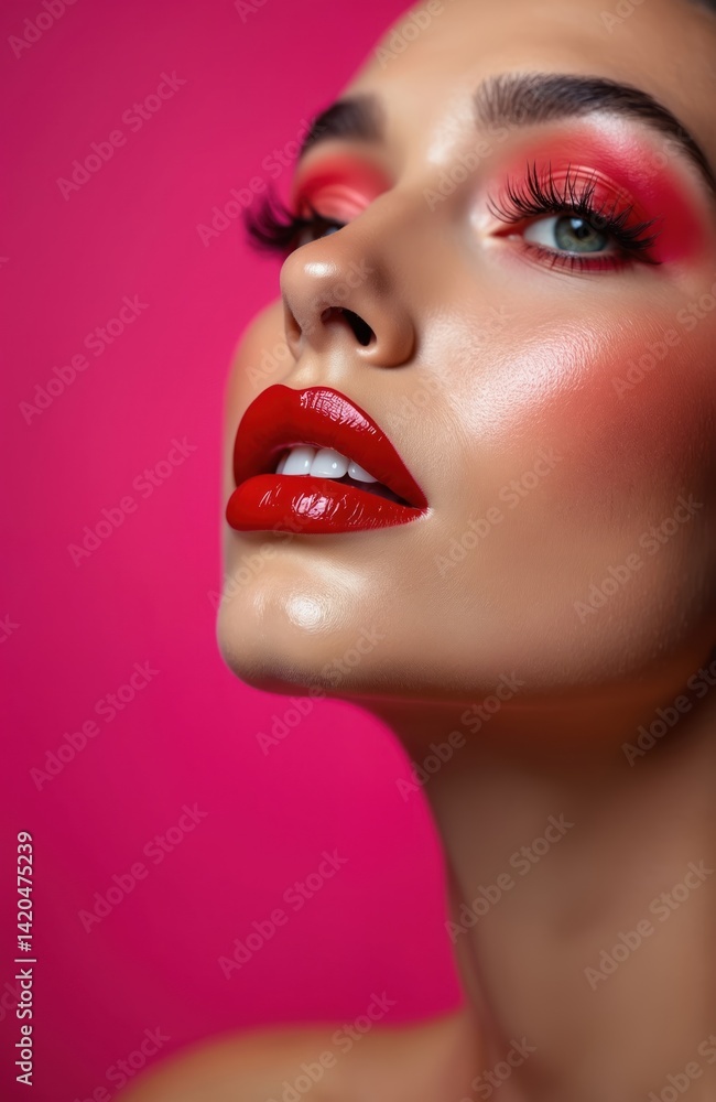 Obraz premium Close-up of woman with bold red lips. Glossy lip makeup and flawless skin. Vibrant makeup creates eye-catching portrait on bright pink background. Fashion beauty concept.