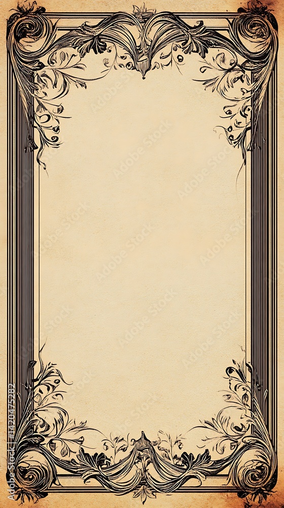 Obraz premium Decorative vintage frame with elegant swirls and flowers on parchment