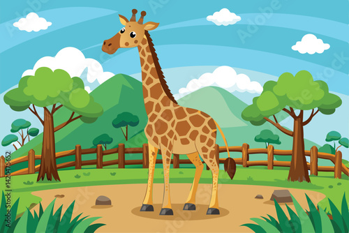 A playful giraffe is enjoying the sunny day in its zoo enclosure while surrounded by trees and mountains, Zoo Animal, Giraffe