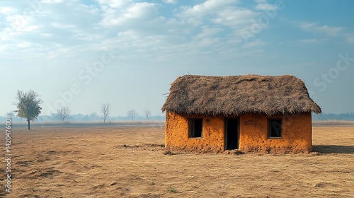 Rural Indian Mud Hut With Thatch Roof In Arid Landscape Photo