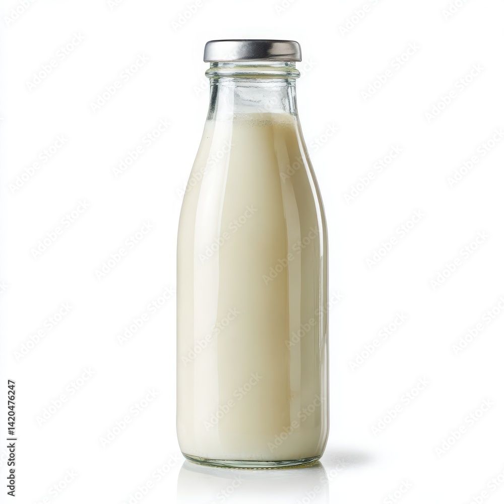 Glass milk bottle with metal cap on white background Glass milk bottle with metal cap on white background