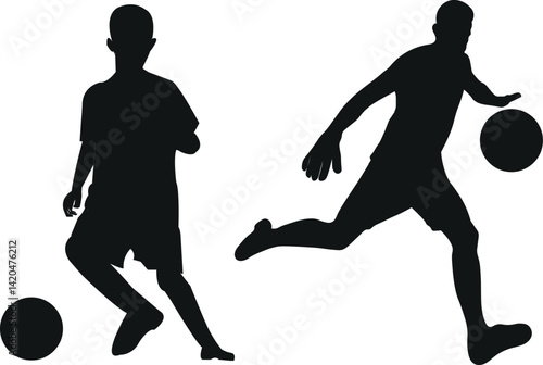 Silhouette of Boys Playing Football with Ball 