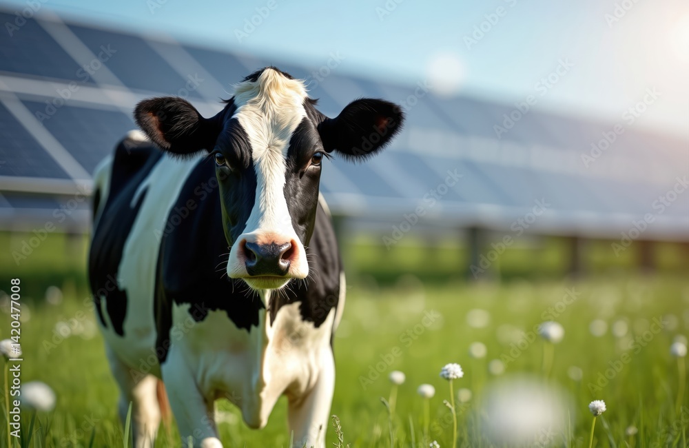 Dairy cow stands green grass field, solar panels in background. Animal meets tech, renewable power source concept. Green energy, clean energy generation from sun, eco-friendly sustainable farm.