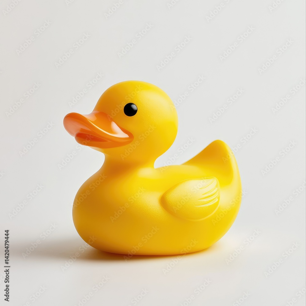 A single yellow rubber duck with an orange beak sitting on a white surface in a studio setting A single yellow rubber duck with an orange beak sitting on a white surface in a studio setting