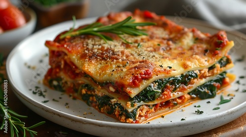 Vegan lasagna spinach cashew cheese and tomato sauce plated as a clean slice on white ceramic