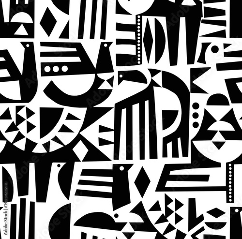 A black and white abstract hand-drawn drawing in the style of hieroglyphs.Seamless pattern.