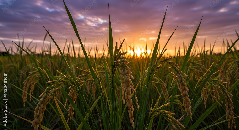 Fototapeta premium Golden Rice Field at Sunset: A Serene Harvest