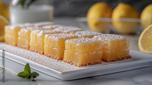 Vegan lemon bars dusted powdered sugar arranged in a row on clean white rectangular tray