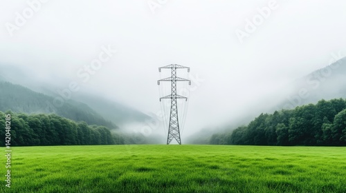Powerline in a misty valley