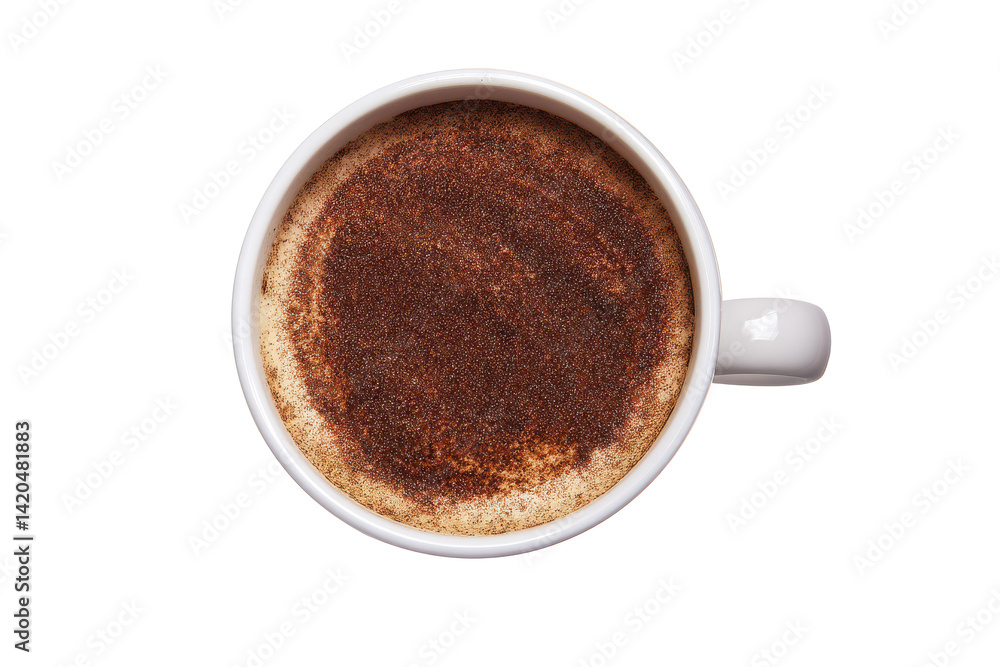 Aromatic Coffee Dreams: Overhead View of a Cappuccino Sprinkled with Chocolate, Isolated on Black, Evoking Warmth and Comfort in a Minimalist and Modern Style. Aromatic Coffee Dreams: Overhead View of a Cappuccino Sprinkled with Chocolate, Isolated on Black, Evoking Warmth and Comfort in a Minimalist and Modern Style.
