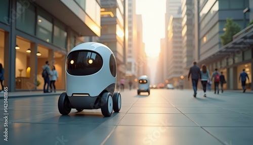 Autonomous delivery robot on big city street. Convenience and efficient nature of technology. Concept of technological advancement and positive impact of robotics on everyday urban life