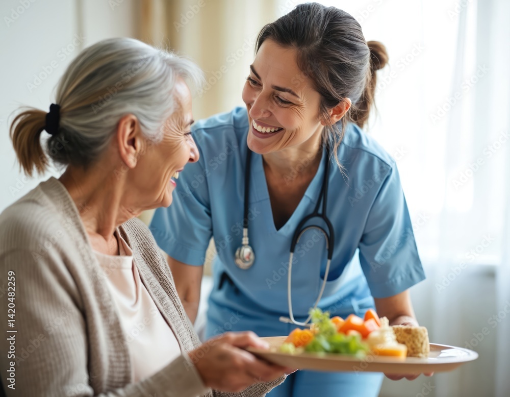 Nurse serves elderly woman lunch. Caregiver brings food, support patient at home. Senior lady eats meal, smiles, recovers. Doctor, home care, health, nursing, medical assistance.