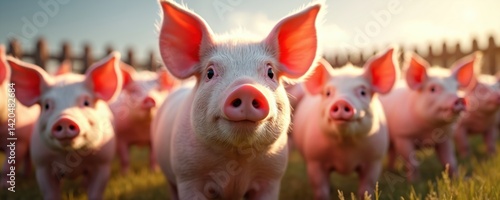 Obraz na płótnie Group young pigs on farm look directly at camera. Swine, hogs, farm animals at livestock countryside. Pink pigs on pasture. Agriculture industry, meat production, breeding. Rural life. w salonie