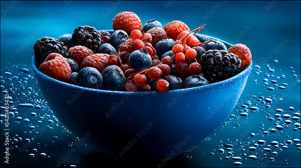 vibrant bowl filled with assortment of fresh berries, including raspberries, blueberries, blackberries, and red currants, glistening with water droplets. rich colors and textures create inviting vibrant bowl filled with assortment of fresh berries, including raspberries, blueberries, blackberries, and red currants, glistening with water droplets. rich colors and textures create inviting