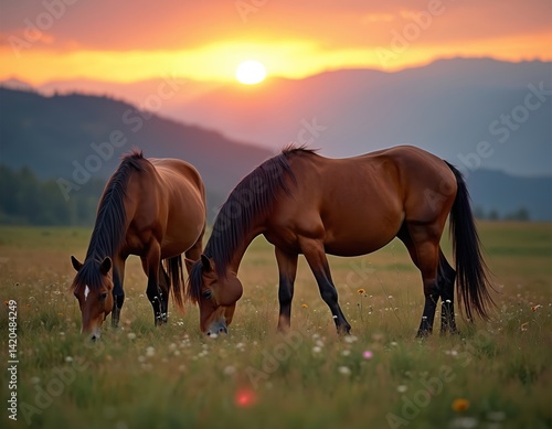 Fototapeta Naklejka Na Ścianę i Meble -  Two brown horses graze green meadow. Sunrise, sunset in mountains landscape. Domestic animals in nature, freedom, wild beauty, rural scene. Carpathians, wildlife, summer. Sunny day.