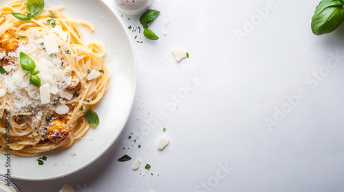 Creamy spaghetti carbonara topped with parmesan shavings and fresh basil leaves, served on white plate. dish is garnished with herbs, creating inviting and delicious presentation