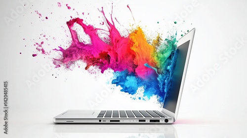 Colorful Paint Explodes from Laptop.