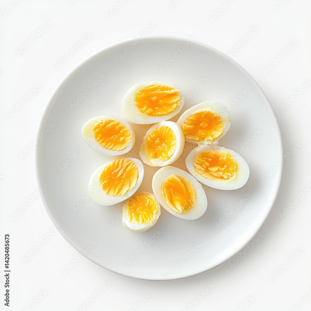A top down view of sliced boiled eggs on a white plate on white surface A top down view of sliced boiled eggs on a white plate on white surface
