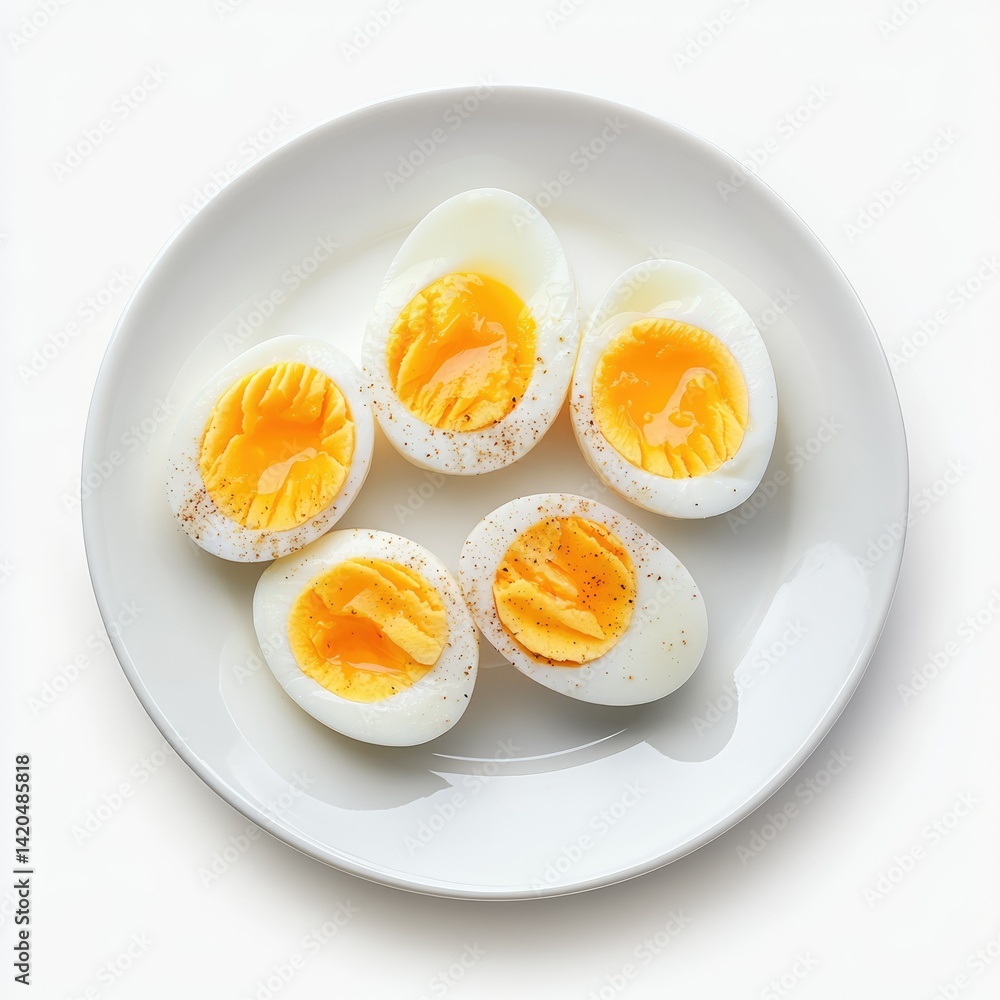 Five halved hard boiled eggs seasoned on a white plate top down view Five halved hard boiled eggs seasoned on a white plate top down view