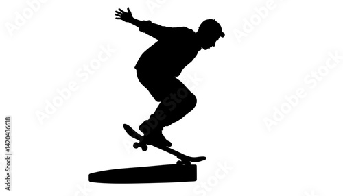 Skateboarder performing a trick in silhouette against white background  