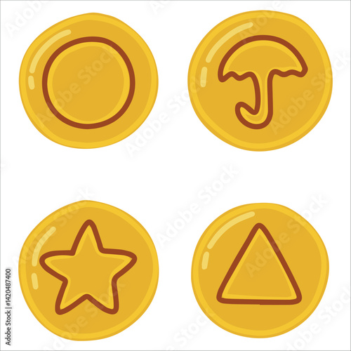 A complete set of dalgona candies showcasing iconic shapes like the star, umbrella, circle, and triangle. Ideal for anyone inspired by the Korean dalgona game.