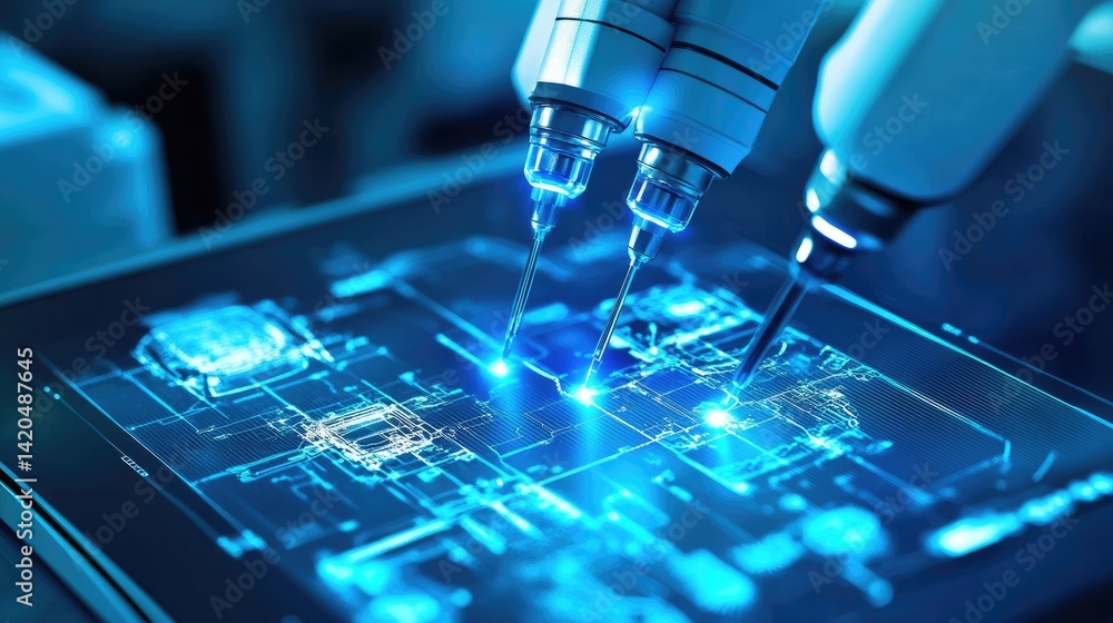 Robotic Arms Working on a Circuit Board with Blue Digital Overlay Robotic Arms Working on a Circuit Board with Blue Digital Overlay